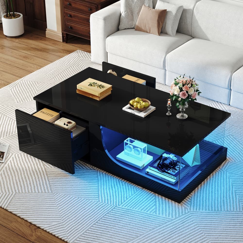 Mesa de centro con LED y 2 cajones negro 30x100x50cm