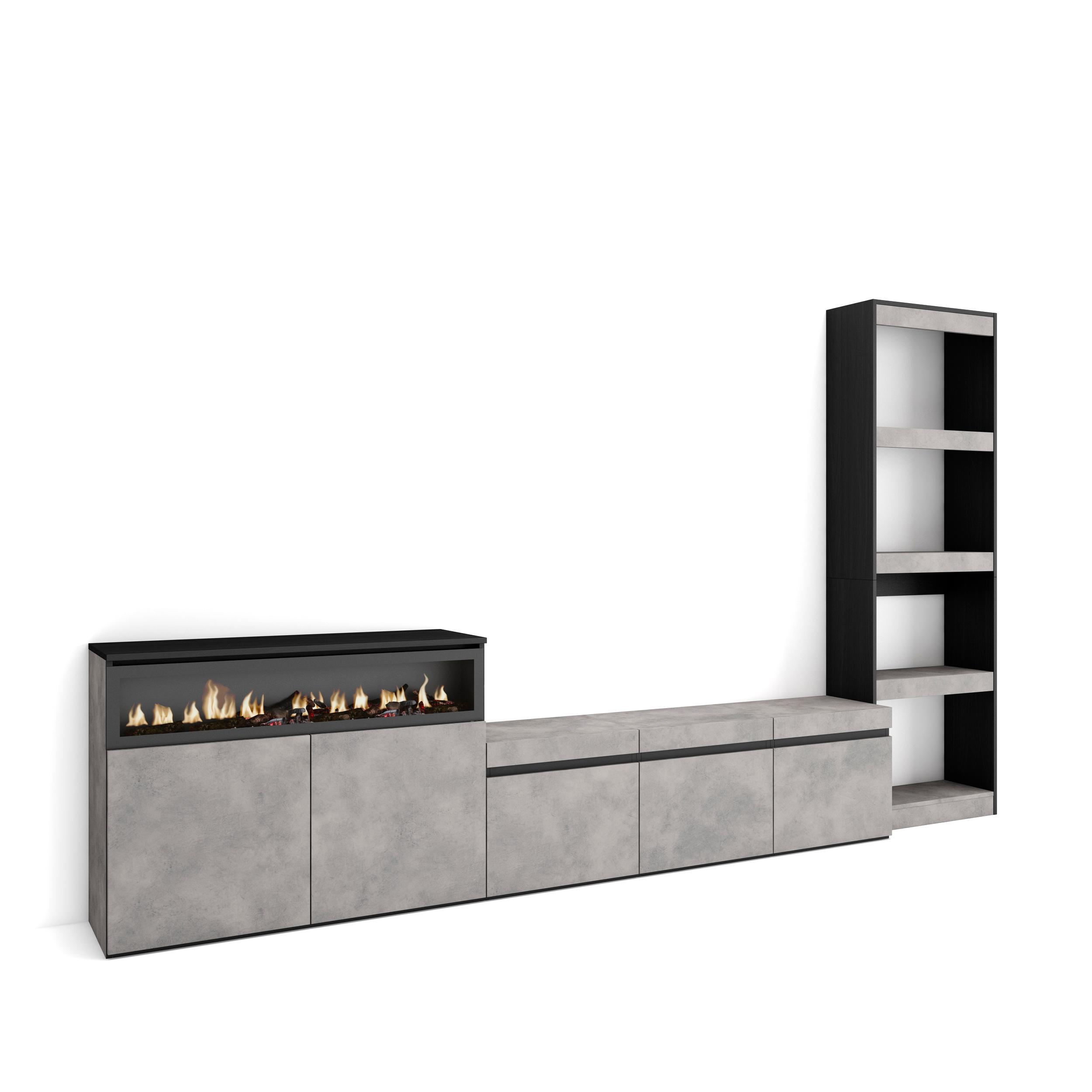 Muebles de salón para tv, 310x35x186cm, cemento, chimenea eléctrica rf3167