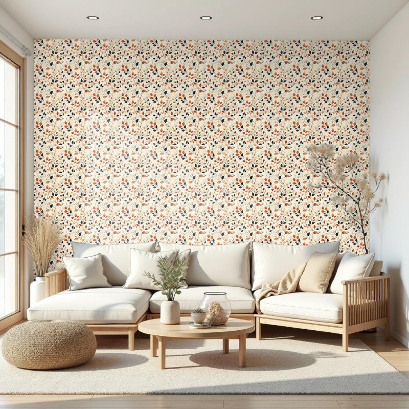 Papel floral diseño botánico hojas otoñales fondo beige 60cm por 250cm