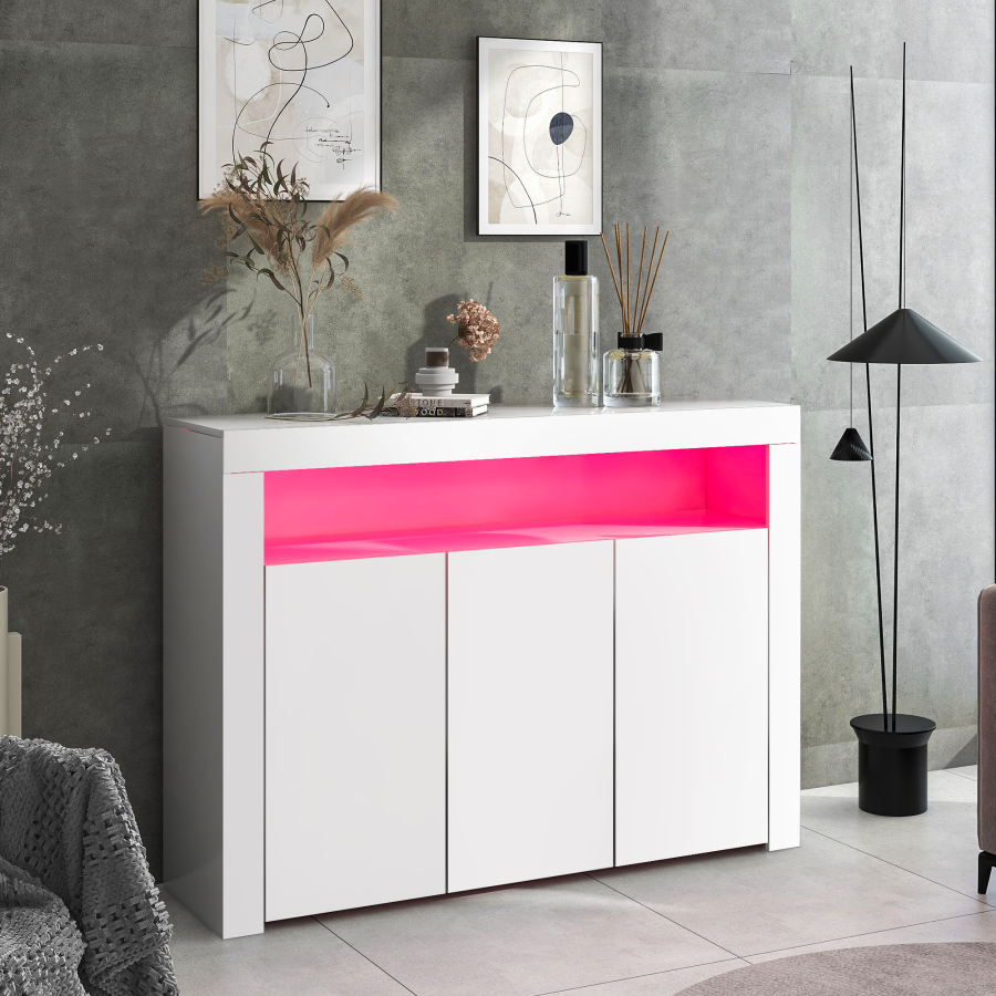 Aparador vitrina con LED 3 puertas blanco 95x130x35cm