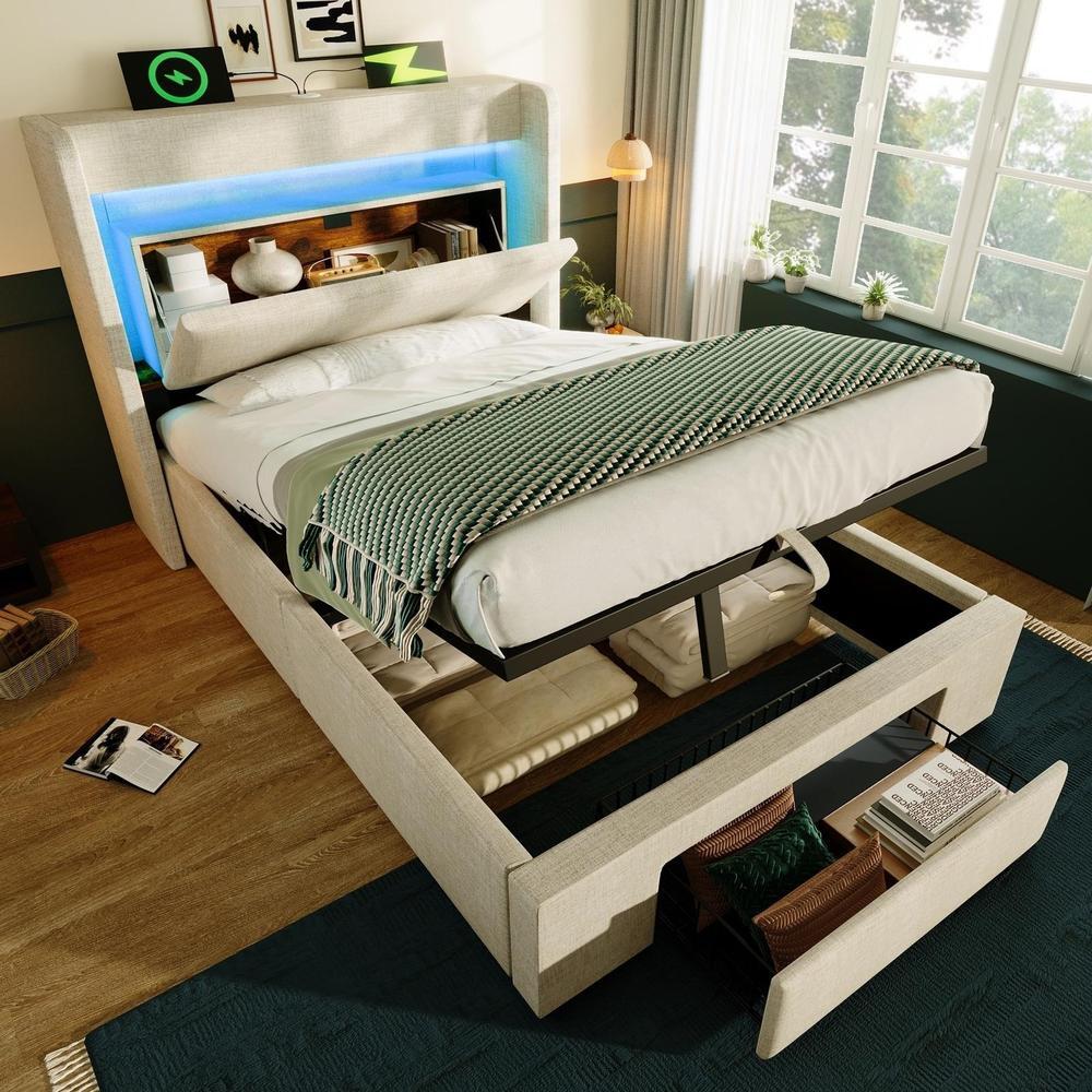 Cama tapizada 90x200 cm con almacenamiento, cabecero LED usb,, beige