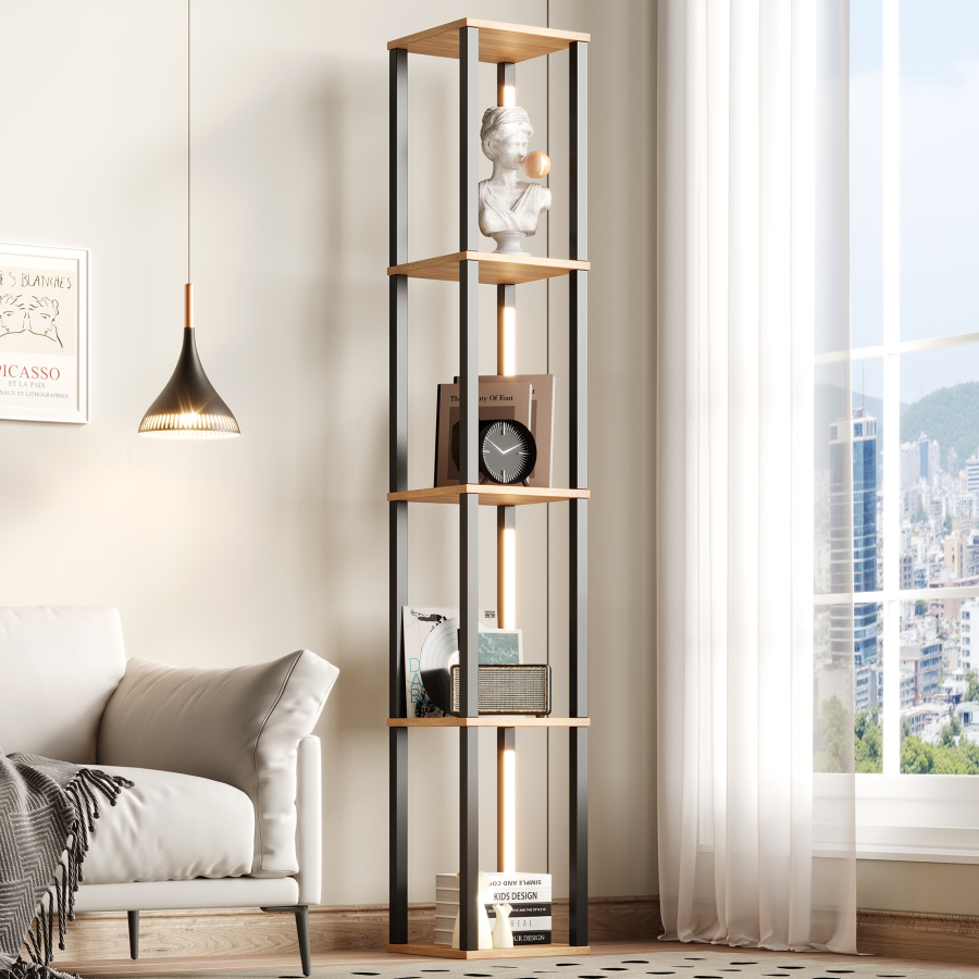 Estantería con LED de 4 niveles madera natural y negro 165x26x26cm
