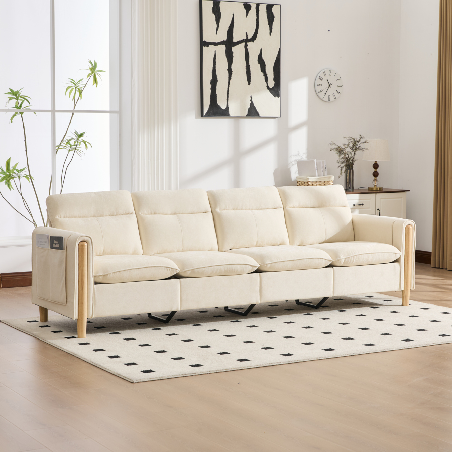 Sofá en u modular de chenilla beige 4 plazas con 2 otomanas y almacenaje
