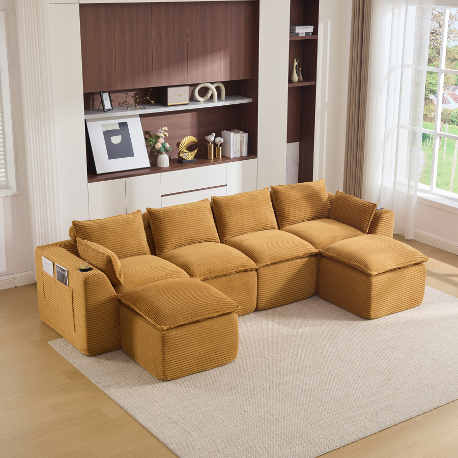 Sofá modular 4 plazas pana naranja con 2 reposapiés y cojines