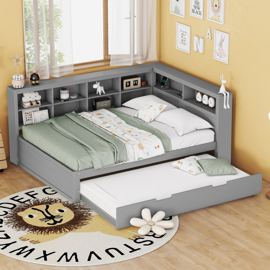 Sofá cama 140x200 cm con cama nido y usb de madera maciza – gris