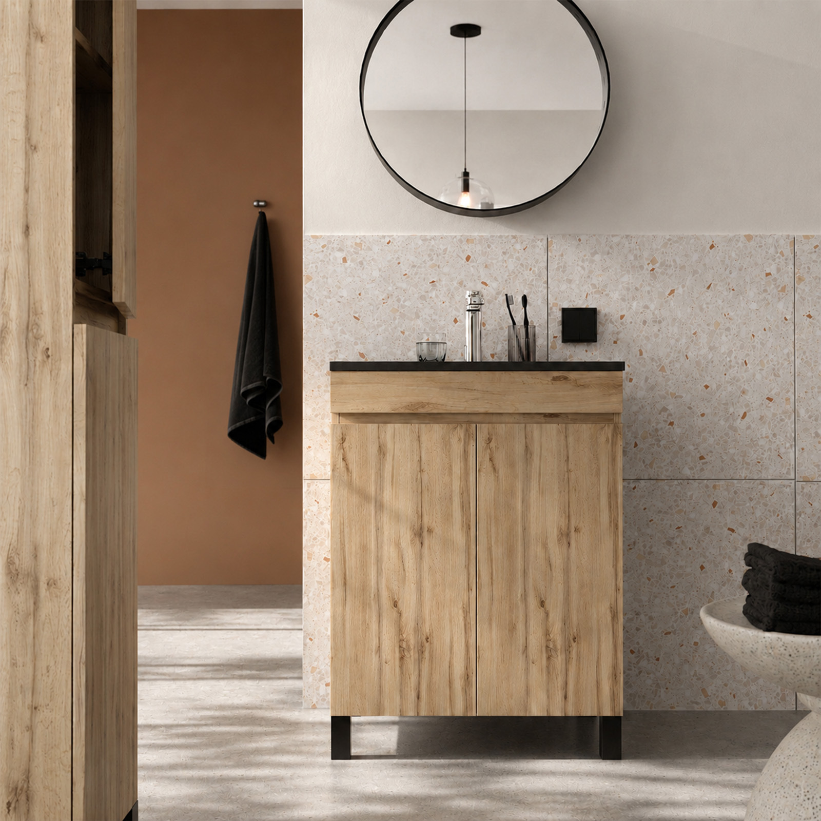 Pack mueble de baño 50cm roble natural 2 puertas con lavabo negro