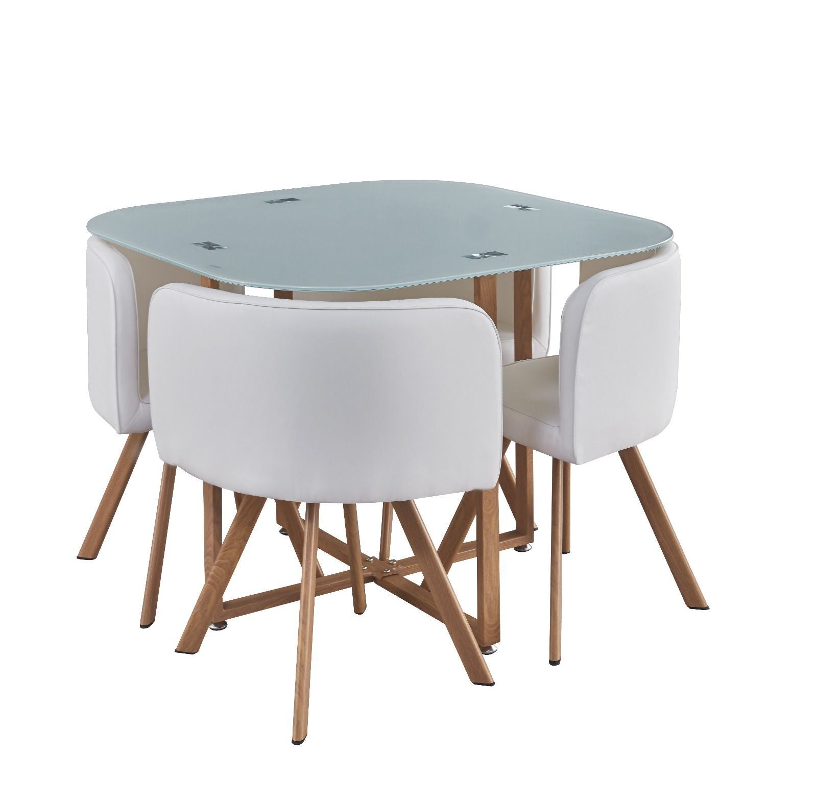 Mesa de cristal templado teka + 4 sillas. Comedor o cocina blanco 100x100