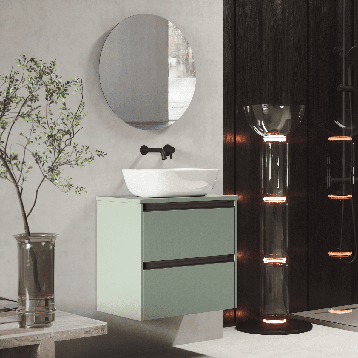 Mueble baño f.red. | lavabo sob. | 2 cajones | 70 cm leaf tir. Negro