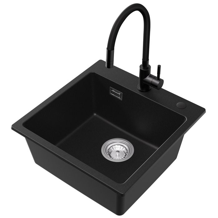 Fregadero de cocina negro de granito 45x45cm con grifo de cocina flexible -