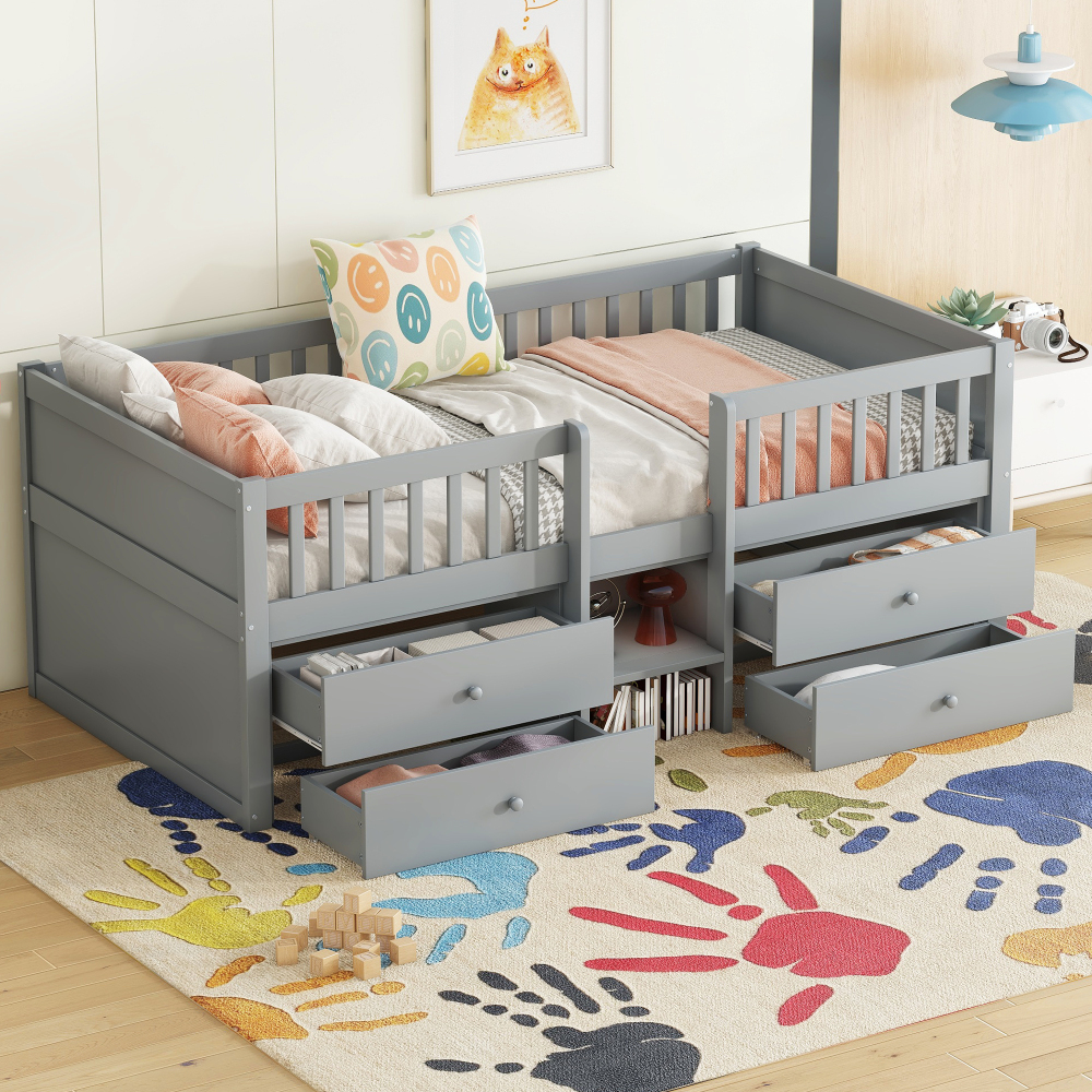 Cama semialta 90x200cm con cajones, barandilla y escalera pino y mdf – gris