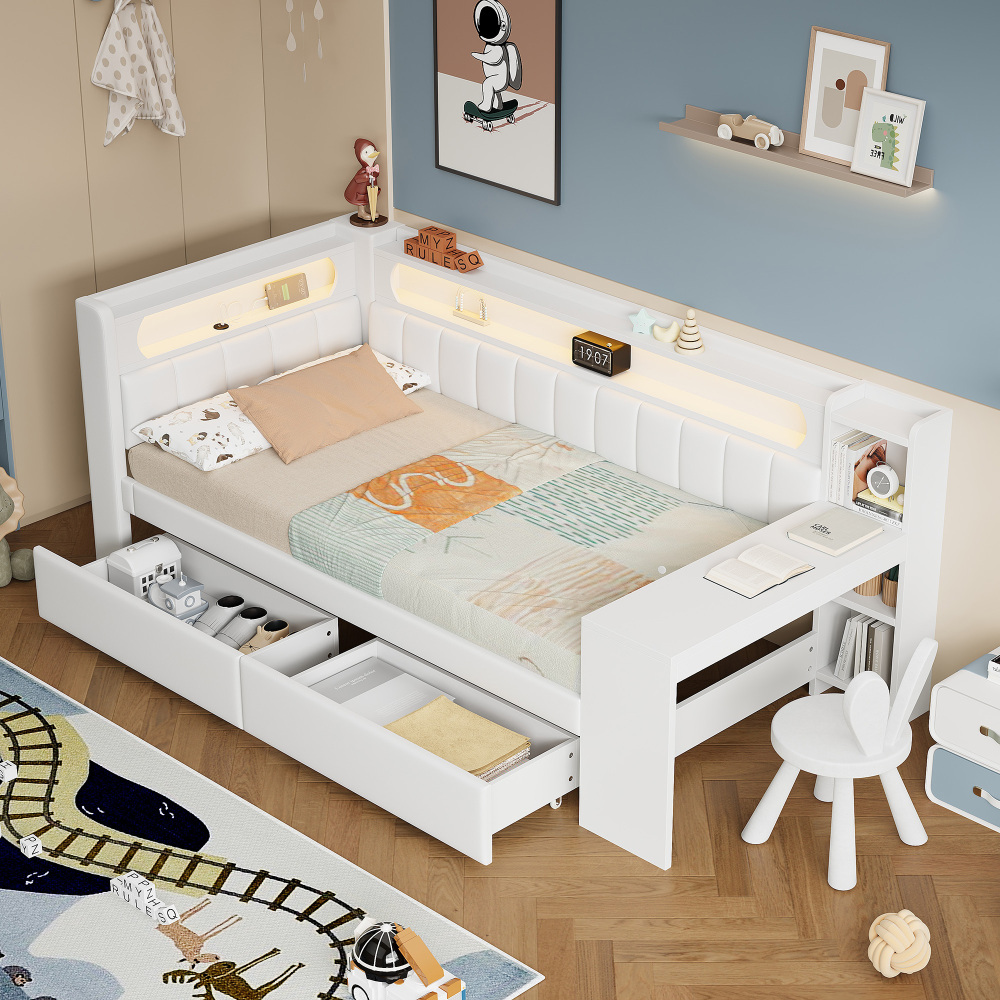 Sofá cama tapizada 90x200cm con LED, usb, escritorio y 2 cajones mdf blanco