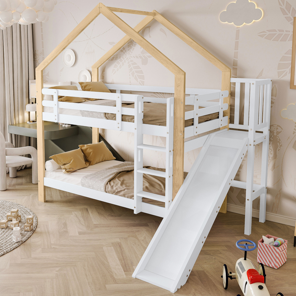Litera 90x200cm con barandilla, tobogán y escalera, madera maciza – blanco
