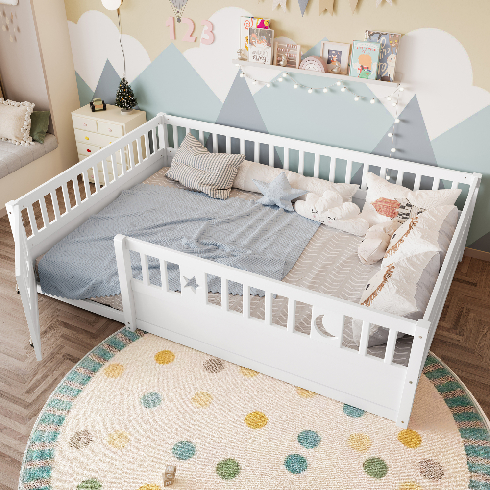 Cama doble 140x190cm con barandilla y cierre de seguridad pino – blanco