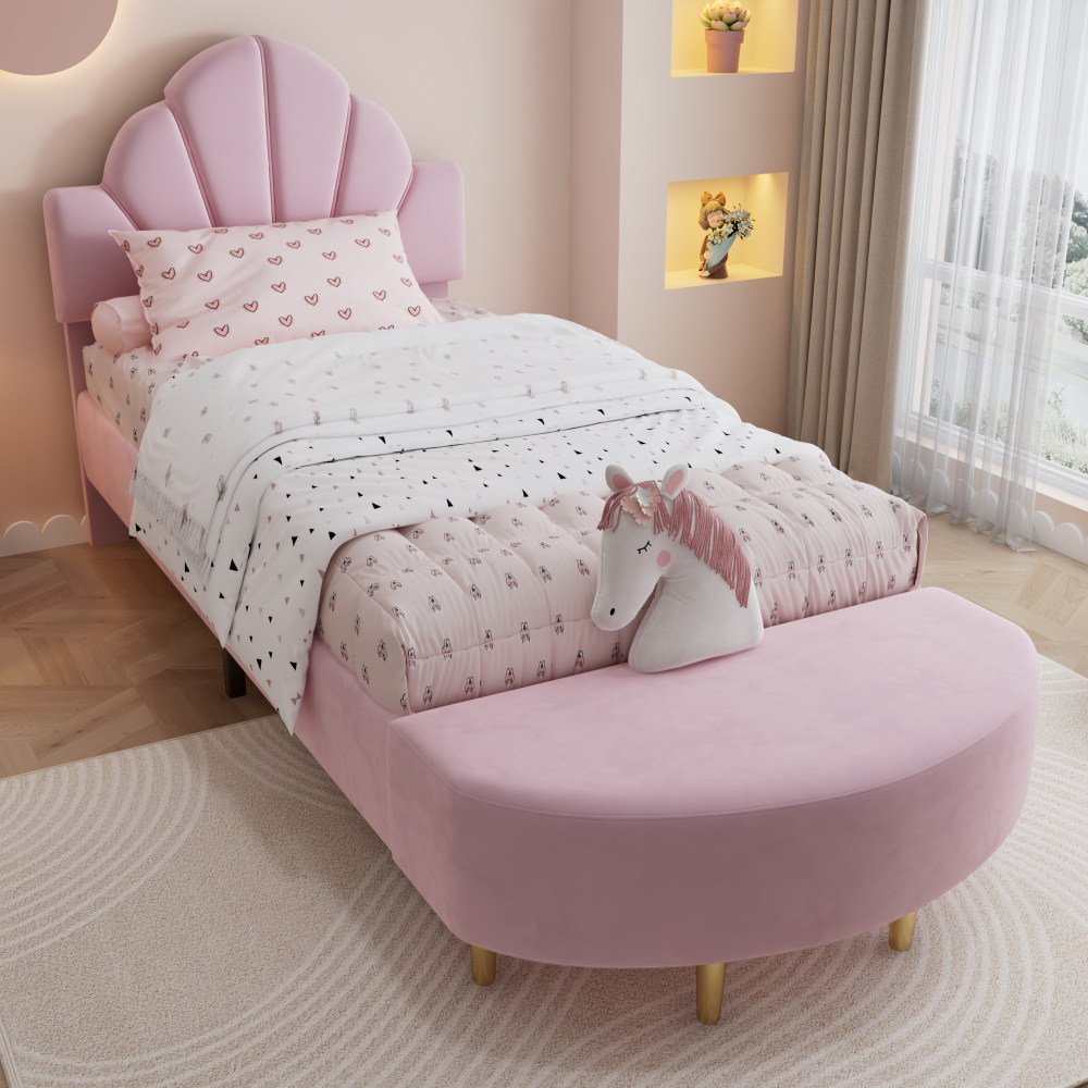 Cama tapizada 90x200cm con banco a juego terciopelo – color rosa