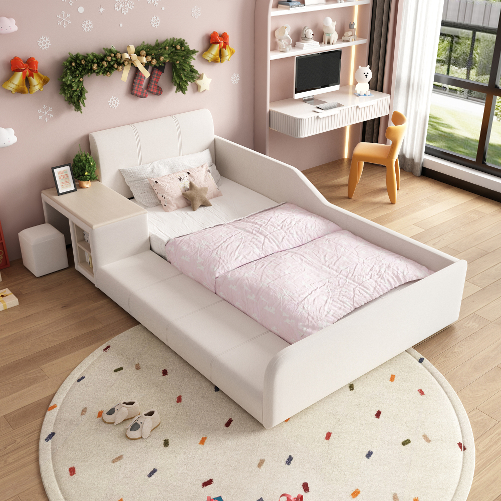 Cama tapizada 90x200cm con escritorio, taburete y estante terciopelo blanco
