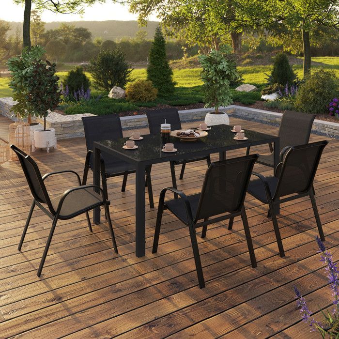 Conjunto de jardín de metal negro con 6 sillas - mesa de 150 cm