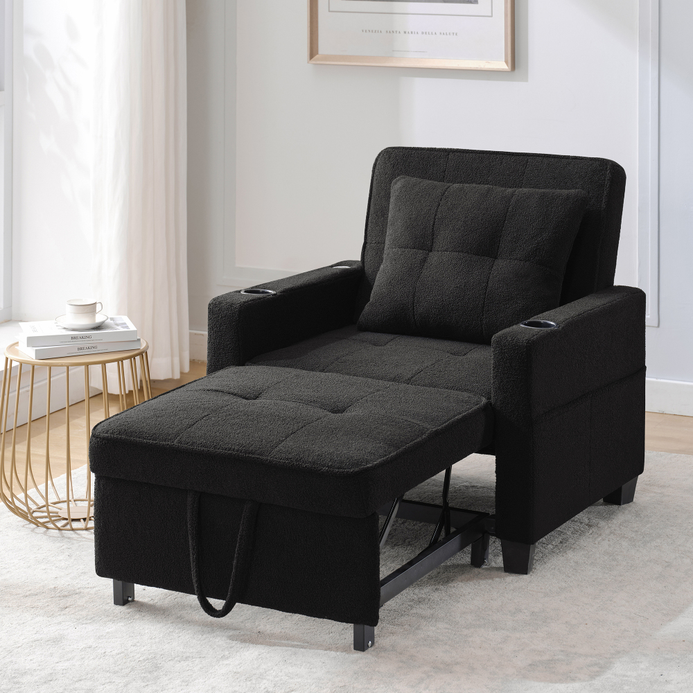 Sofá cama individual 3 en 1 negro con respaldo ajustable usb y portavasos