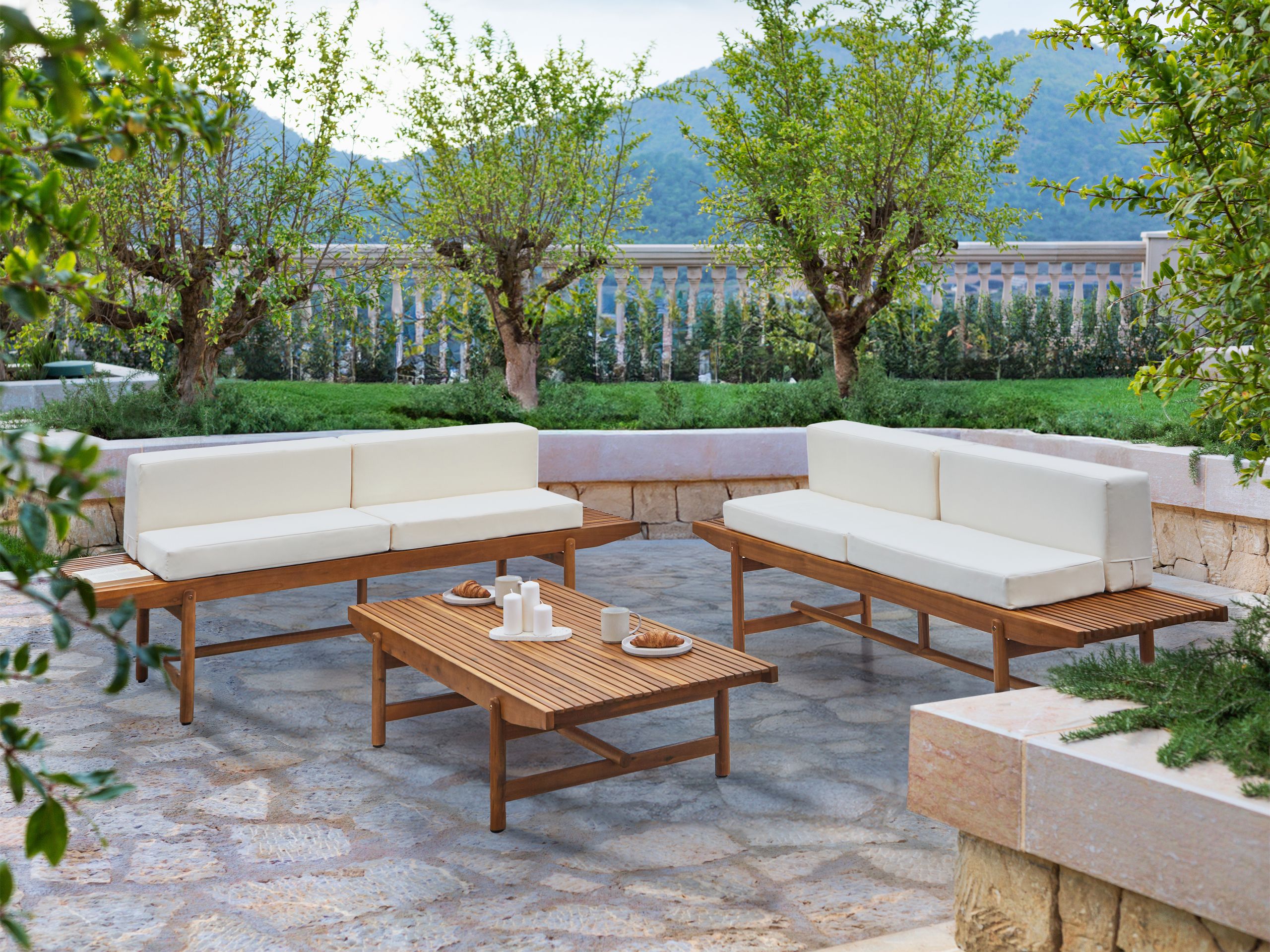 Conjunto de jardín con mesa 4 plazas giaveno madera de acacia blanco crema