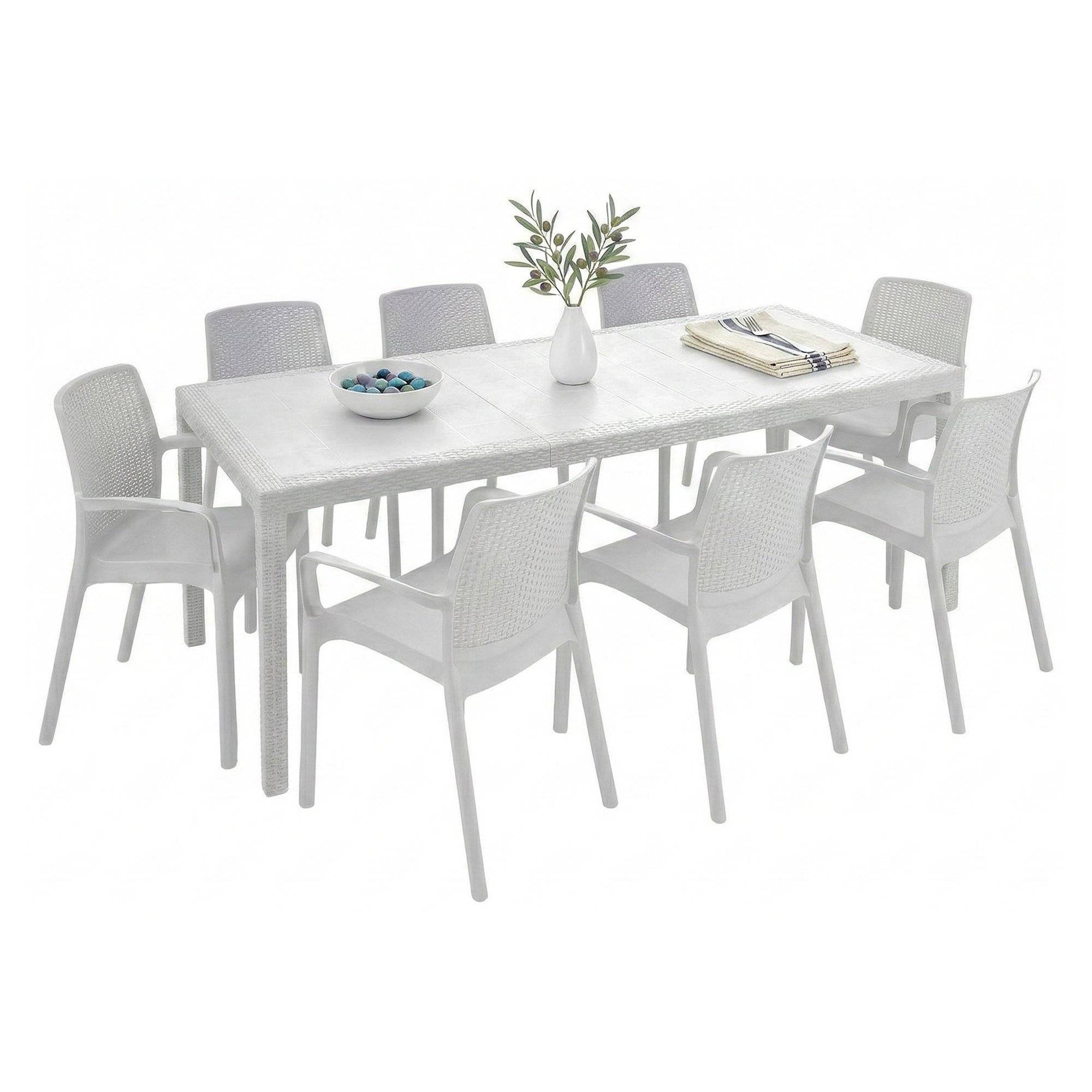 Set de sala exterior arret, mesa de plástico blanca