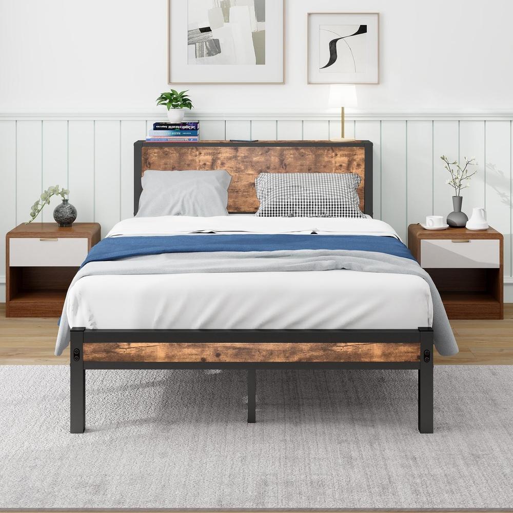 Cama metálica 120x200cm vintage marrón, cabecero con almacenamiento