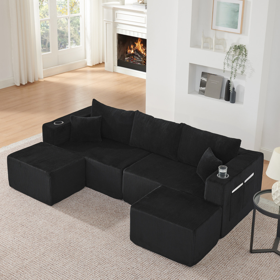 Sofá en l modular 3 plazas pana negro con cojines y bolsillos