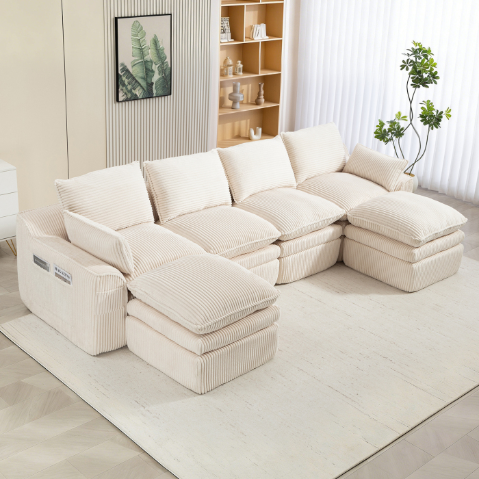 Sofá modular pana beige 4 plazas con 2 pufs