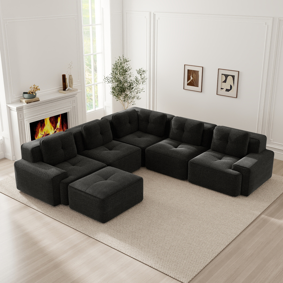Sofá modular esquina pana negro 5 piezas asiento profundo sin montaje