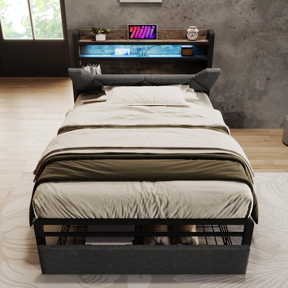 Cama 90x200 cm tapizada con luces LED usb c y 2 cajones gris