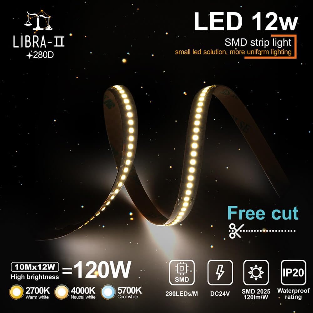 Tira LED 24v 10m 120w (12w/m), free cut, 14400lm, luz blanca fría 5700k