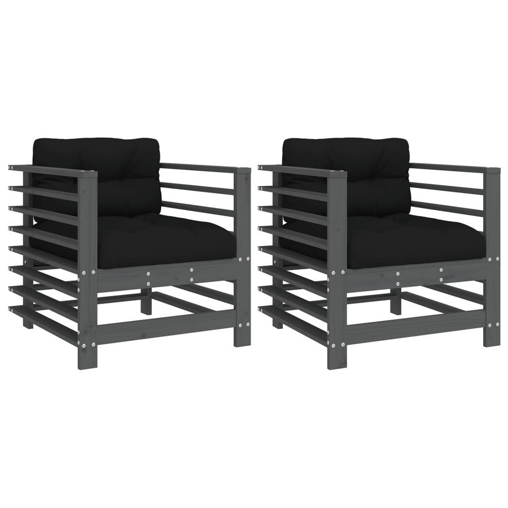 vidaXL sillones de jardín con cojines 2 uds madera maciza de pino gris