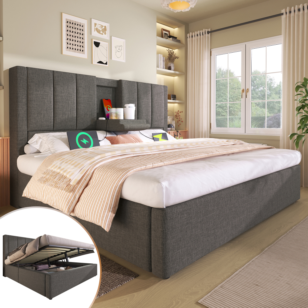 Cama tapizada 140x190 cm con carga, portavasos y almacenaje lino – gris