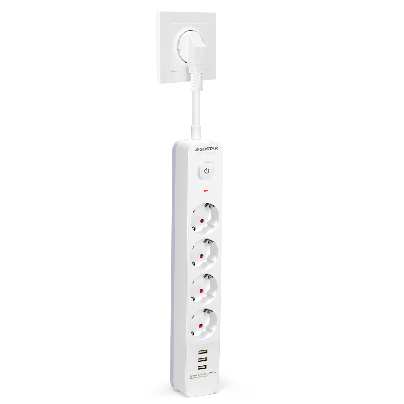 Aigostar regleta enchufe, alargador 4 tomas y 3 usb, interruptor, blanco