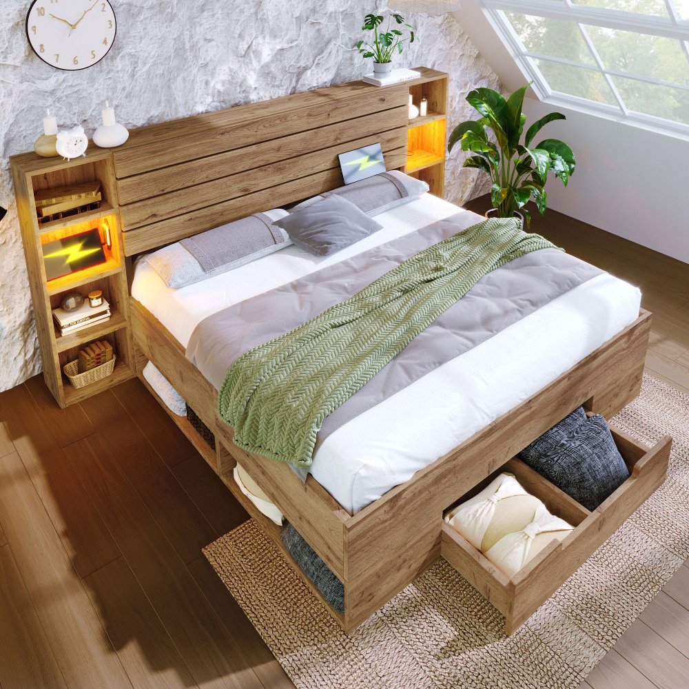Cama doble 180x200cm con LED, usb-c y cajones madera maciza – roble