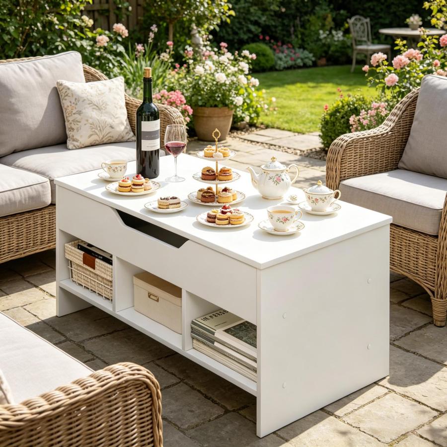 Mesa de centro elevable convertible para salón madera blanca 51x96x45cm