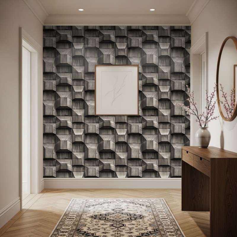 Papel cubic geométrico tridimensional gris oscuro cemento 60cm por 250cm
