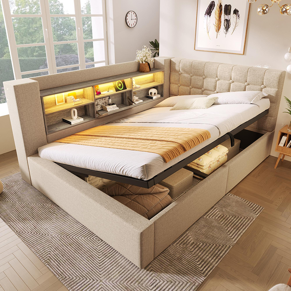 Cama tapizada,140×200,hidráulica,somier de láminas,beige