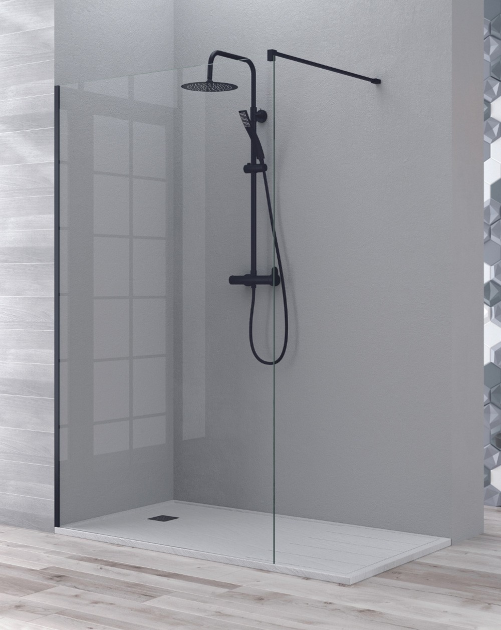 Mampara ducha fijo walk in | panel ducha transparente 110cm negro