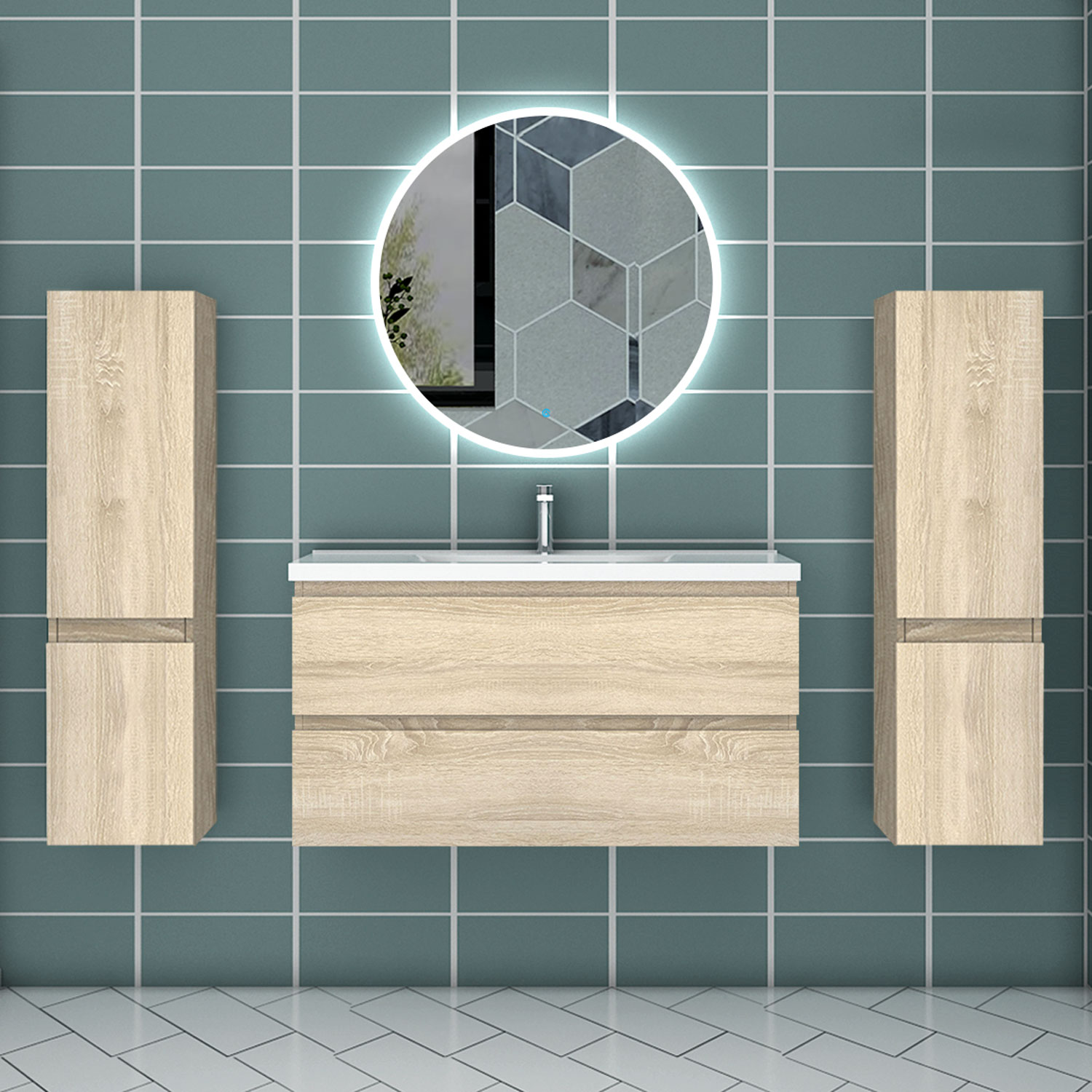 Mueble de baño aica 99×44,5cm,roble con espejo y armario lateral