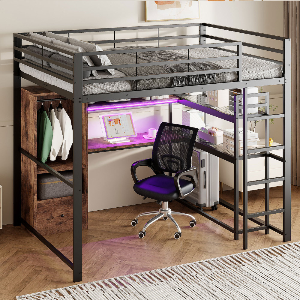 Cama alta 140x200cm con LED, escritorio y almacenaje metal y mdf – negro
