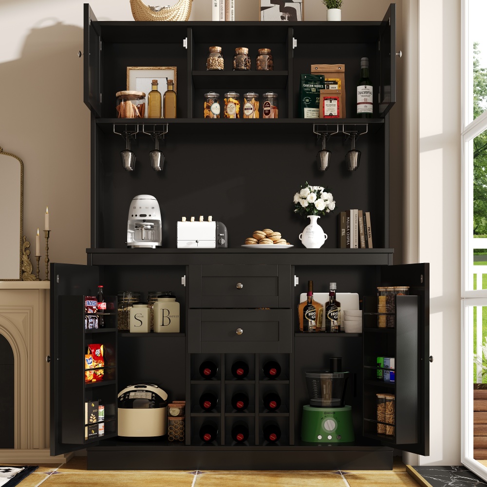 Armario alto de cocina con botellero 4 puertas 2 cajones negro 188x120x40cm