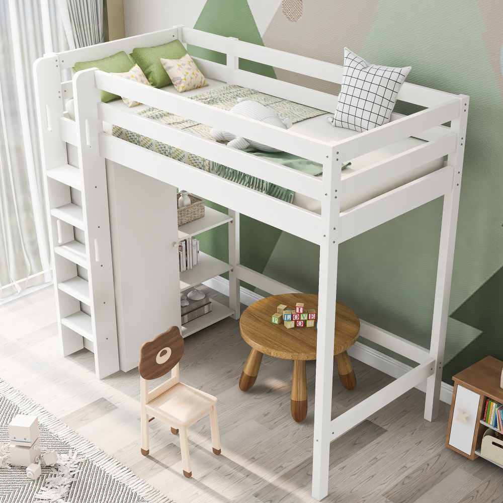 Cama alta madera 90x200cm con armario, estantes y escalera blanco