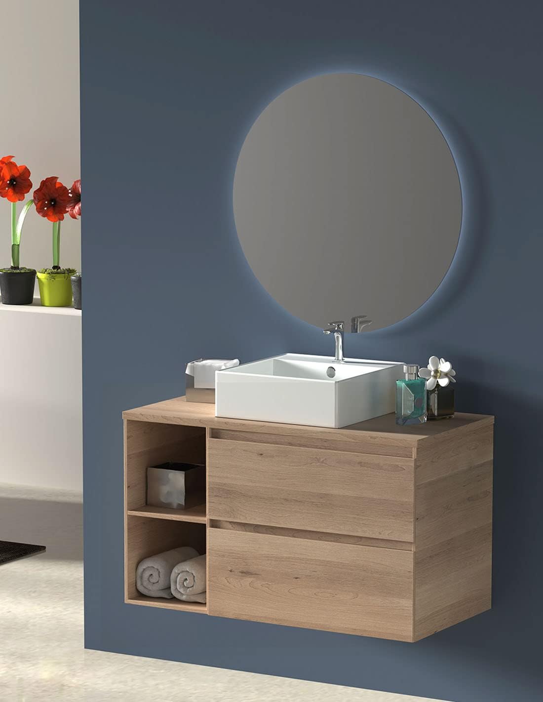 Mueble zeus con lavabo y espejo redondo LED estepa 80 cm izquierda