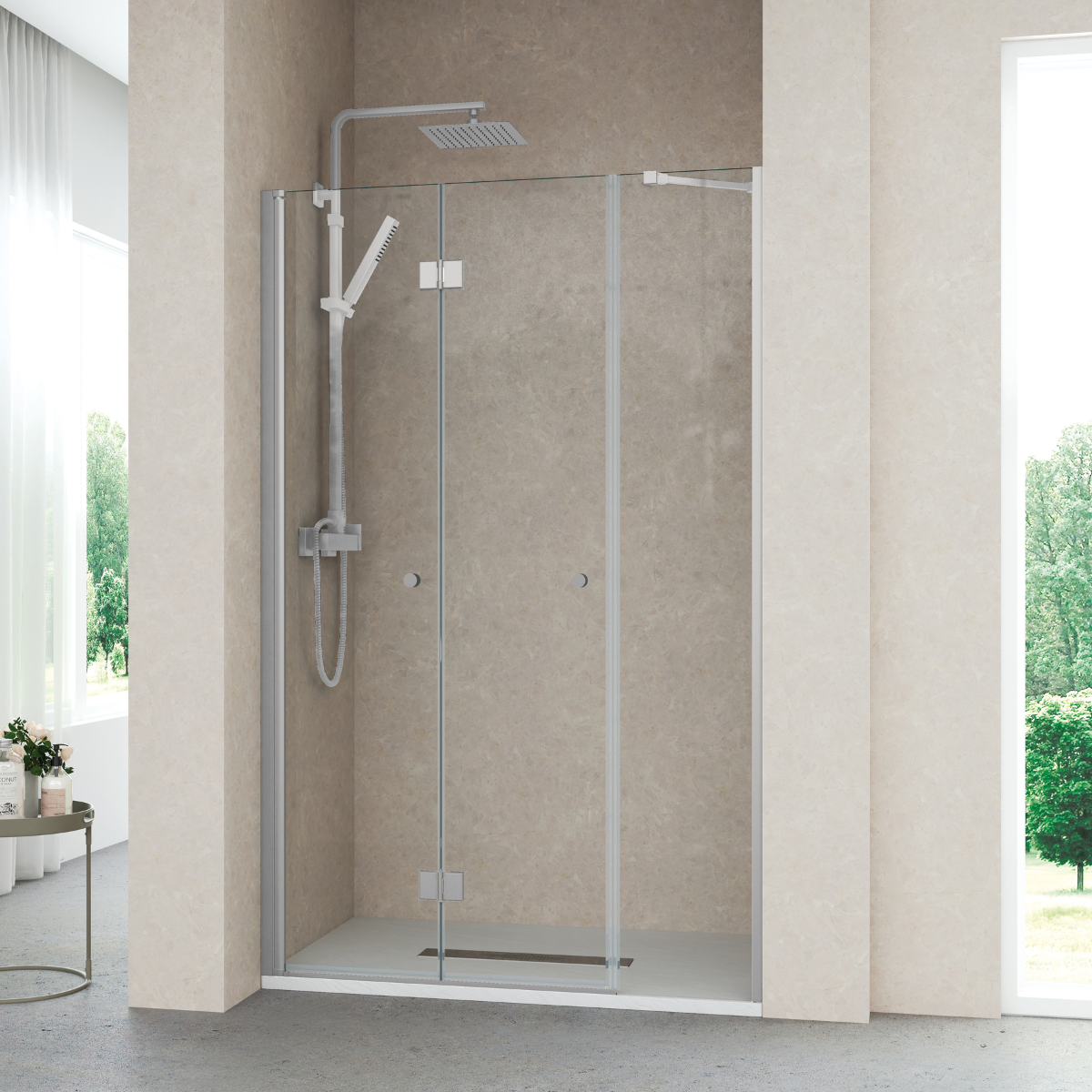 Mampara ducha frontal puerta plegable 1 fijo 140cm transparente cromo