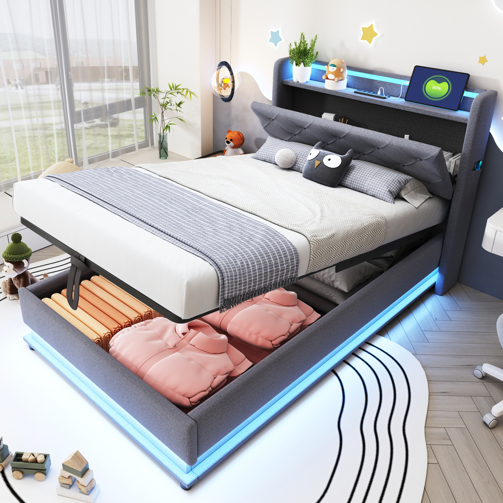 Cama tapizada 90x200cm con LED, usb-c y canapé hidráulico lino – gris