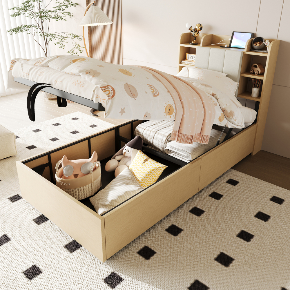 Cama individual 90x200cm con canapé hidráulico y usb-c madera natural