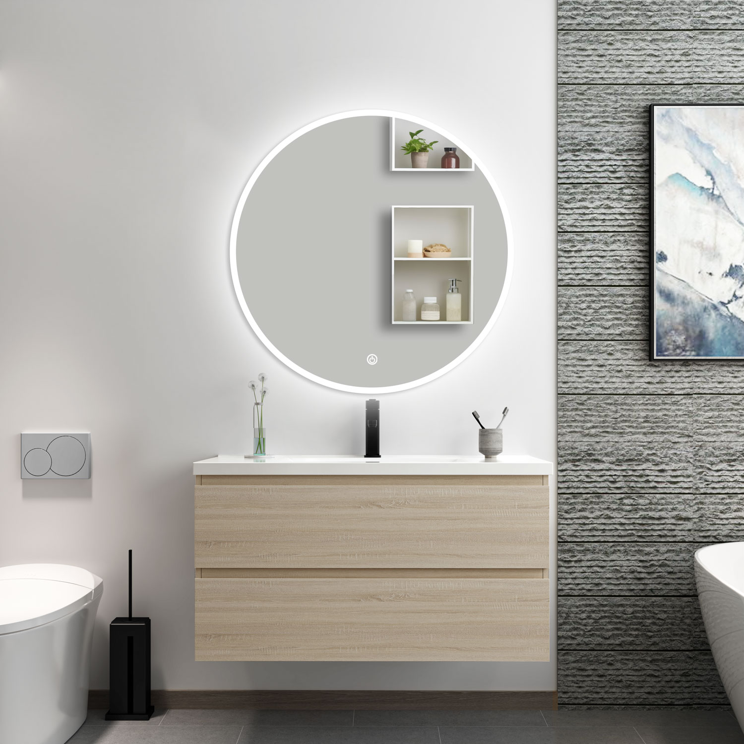 Mueble de baño aica 99 x 44,5cm, roble, con lavabo y espejo