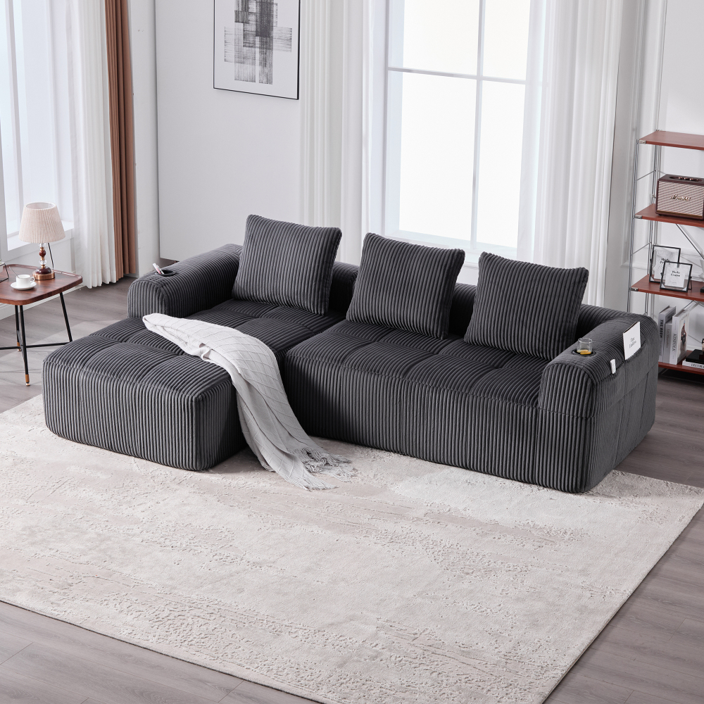 Sofá modular pana gris oscuro con bolsillos laterales portavasos 3 cojines