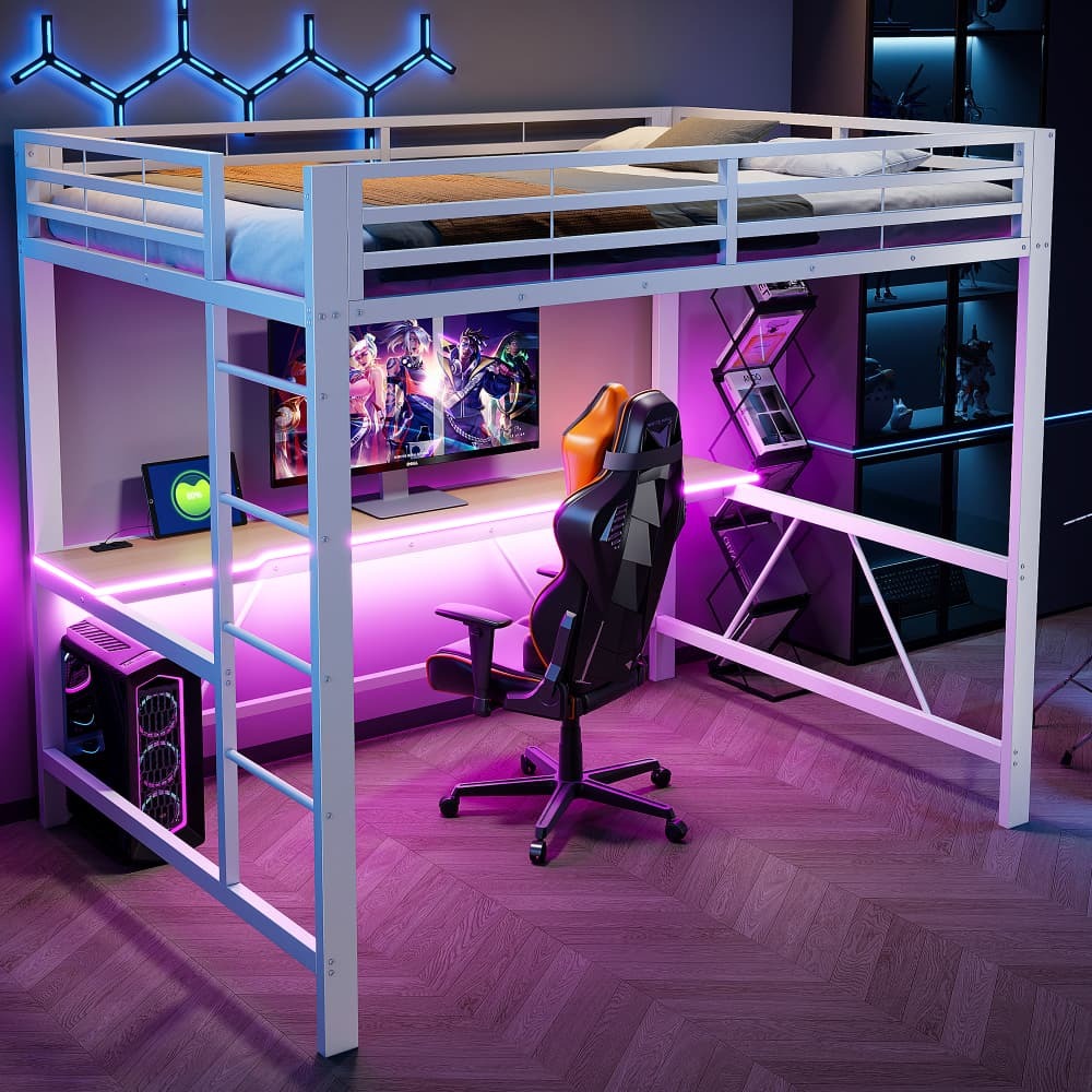 Cama alta 140x200 cm con escritorio LED y carga usb metal – color blanco