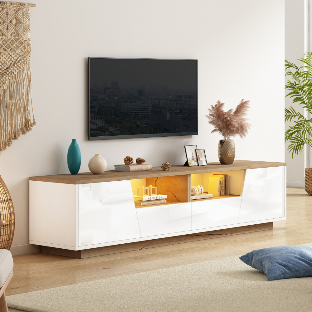 Mueble de tv con LED 2 puertas 2 cajones blanco y madera 46x180x40cm