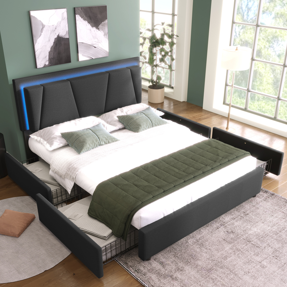 Cama tapizada 140x200cm LED cajones cabecero ajustable madera gris colchón